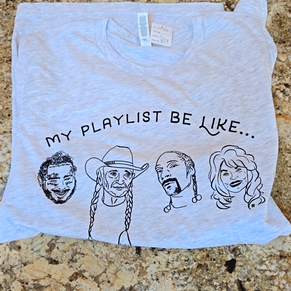 Large gray t-shirt with Post Malone, Willie Nelson? Snoop Dogg,and Dolly Parton
